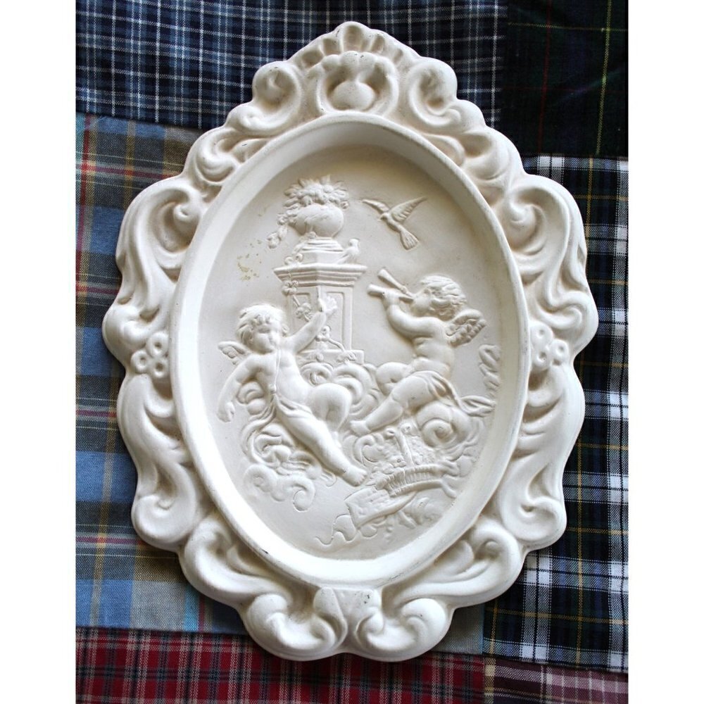 Vintage 1972 Cherubs Angels plaster wall decor Victorian birds relief medallion